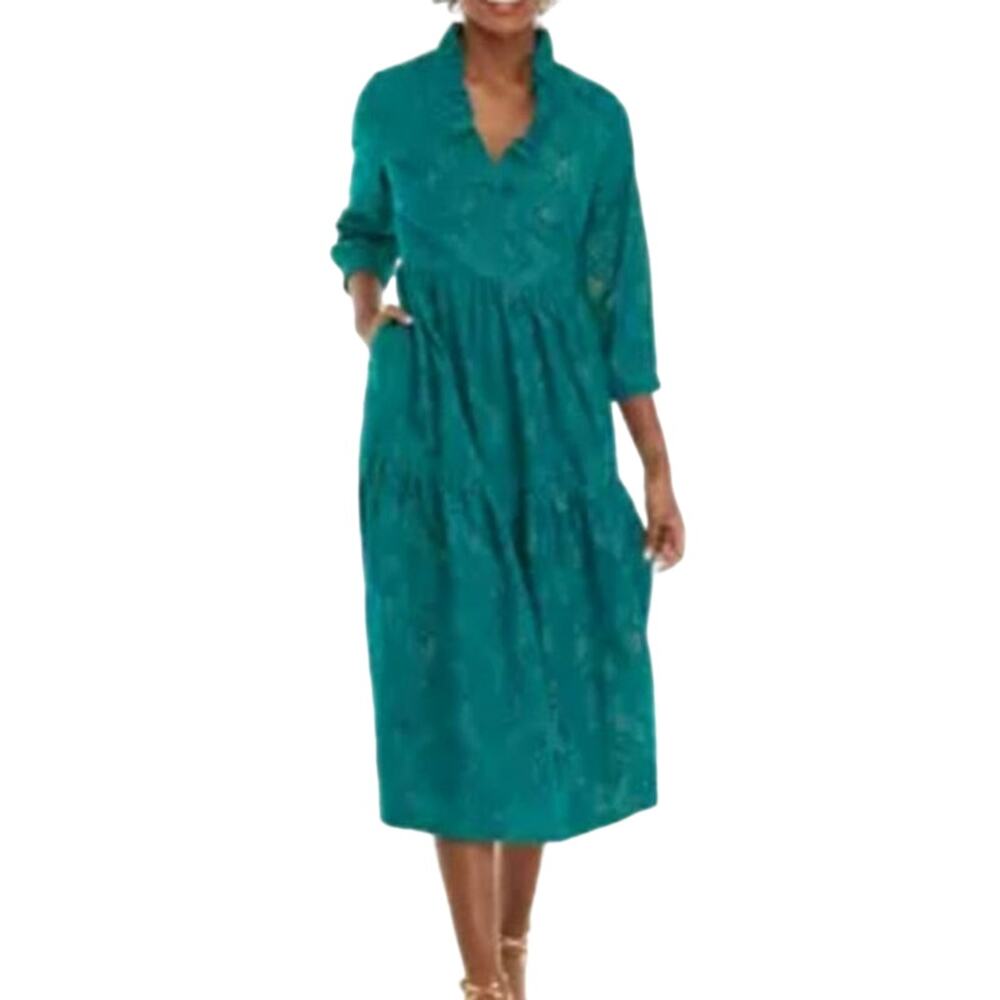 Crown & Ivy Sz S Cotton Green Embroidered Gold Metallic Midi Dress Tiered Ruffle